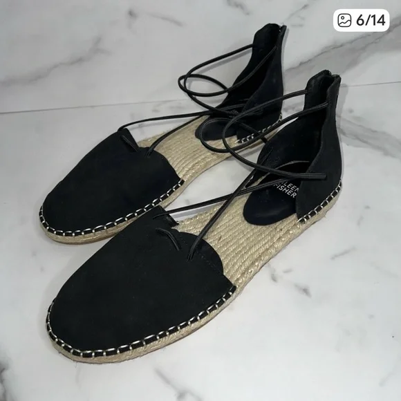 Eileen Fisher Sandal Elastic Lace Up Espadrille Women Shoe Black Leather Size 11 - Picture 3 of 6